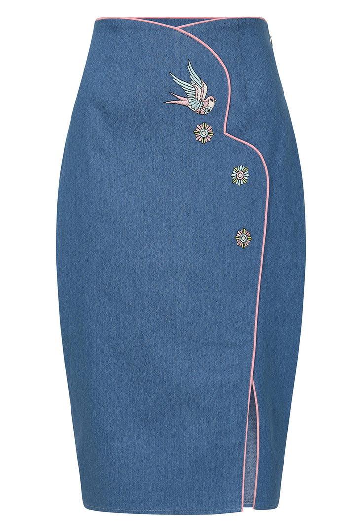 Millie Swallow Pencil Skirt: Denim Blue