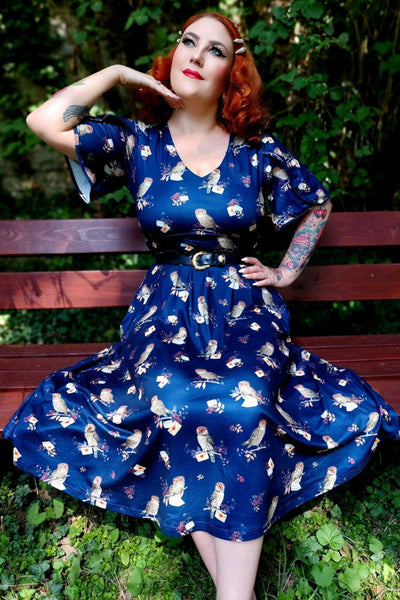 Janice Summer Dress: Navy Blue Owl Print