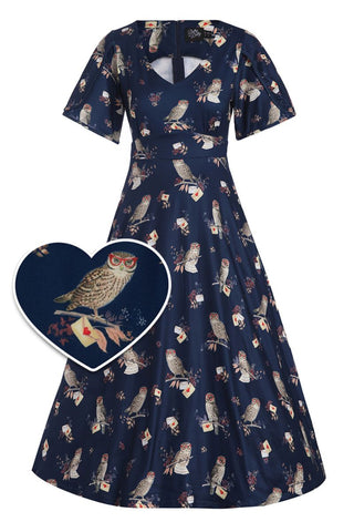 Janice Summer Dress: Navy Blue Owl Print