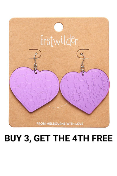 Love Heart Mirror Drop Earrings - Purple