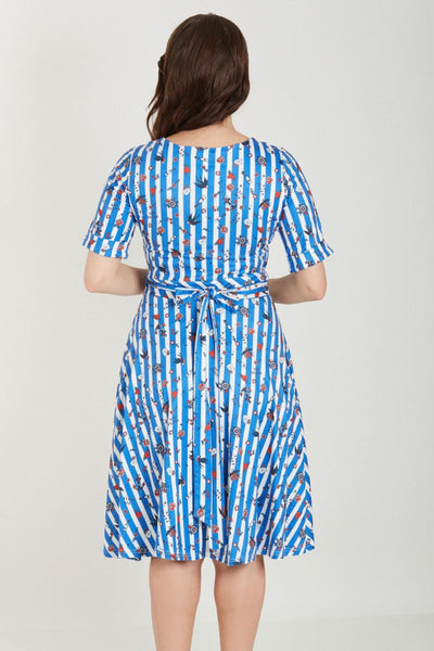 Matilda Knit Wrap Dress:  Old School Tattoo Blue Striped