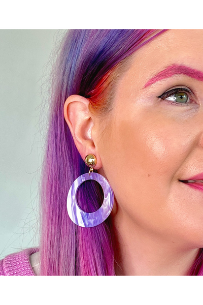 Statement Marble Resin Circle Drop Earrings - Purple